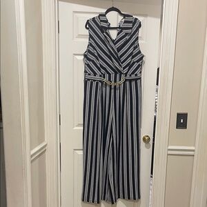 Cato Navy Blue and White Striped Jumpsuit
